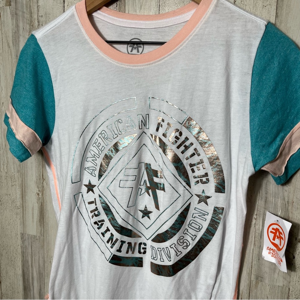 American Fighter White Blue Short Sleeve Tee Jersey‎ Style Womens Small - Picture 2 of 4